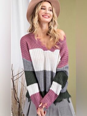 🌺LAST1️⃣ New Women’s Trendy Fall Distressed Frayed Colorblock Must Have Sweater